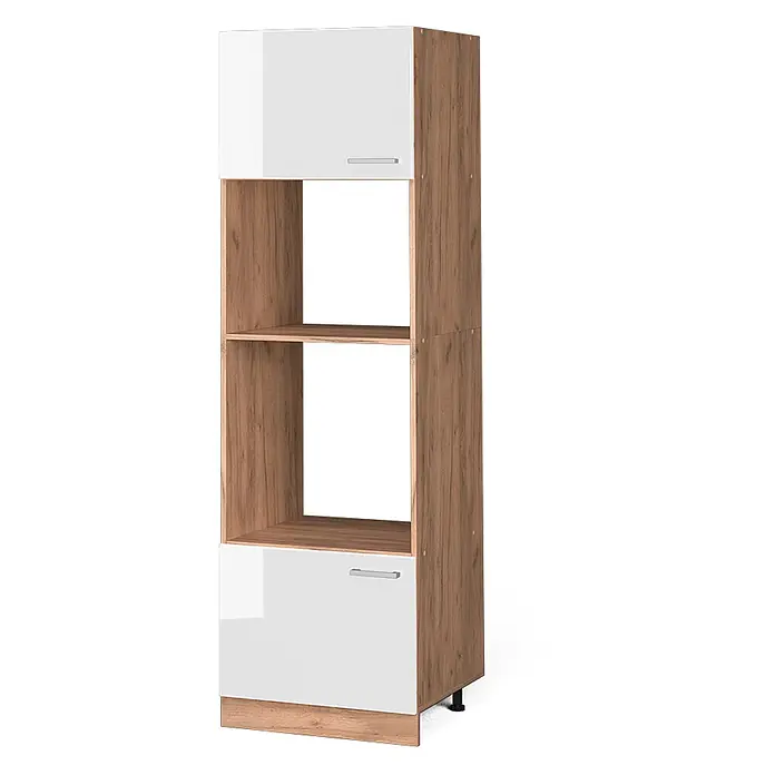 Vicco Schrankküche R-Line Weiß Hochglanz - Weiß Hochglanz, Mikrowellenschrank 60 cm - Hoher Küchenschrank mit Holzoptik-Rahmen, zwei offenen Fächern und zwei glänzend weißen Schränken mit Griffen.