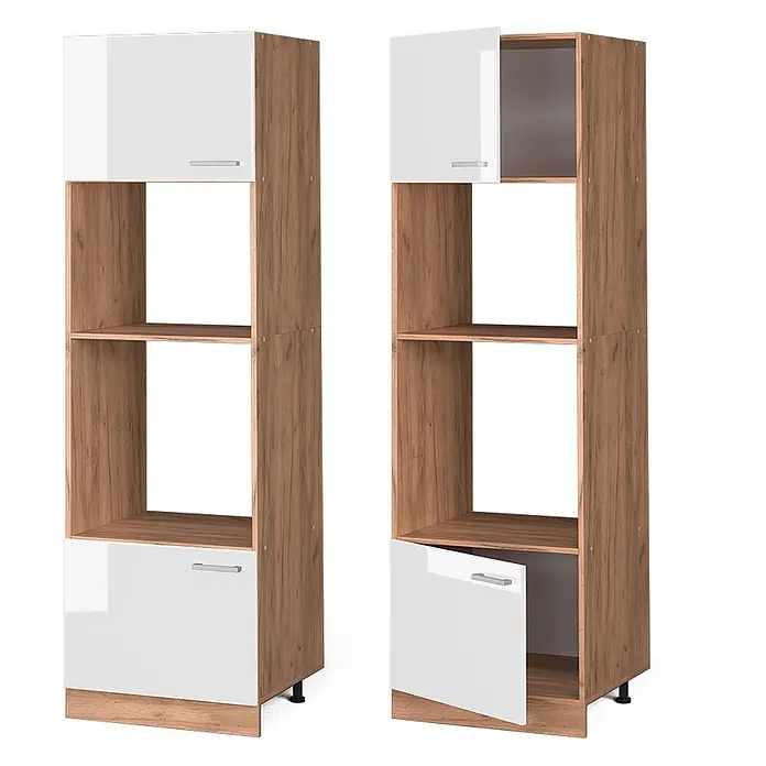 Vicco Schrankküche R-Line Weiß Hochglanz - Weiß Hochglanz, Mikrowellenschrank 60 cm - Hohes Regal in Holzoptik mit glänzenden weißen Schranktüren oben und unten und offenen Fächern.