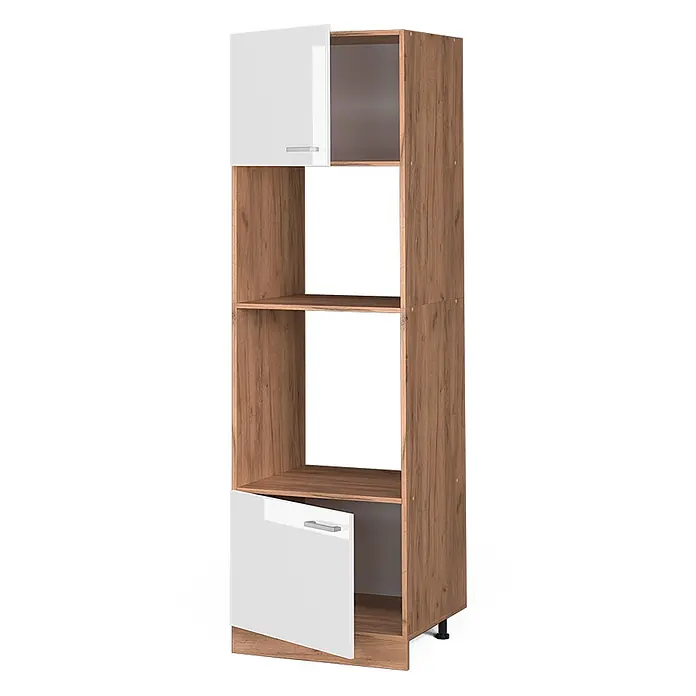 Vicco Schrankküche R-Line Weiß Hochglanz - Weiß Hochglanz, Mikrowellenschrank 60 cm - Hohes Regal in Holzoptik mit zwei glänzenden weißen Schranktüren oben und unten sowie offenen Regalfächern.