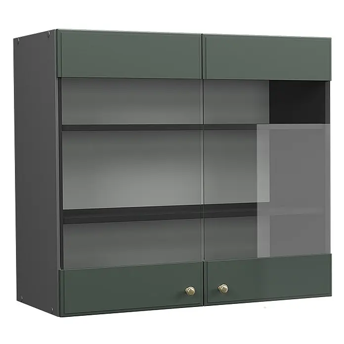 Vicco Schrankküche Fame-Line Grün-Gold Landhaus - Grün-Gold Landhaus, Hängeglasschrank 80 cm - Dunkelgrüner Hängeschrank mit Glastüren für Ausstellung und massiven Untertüren zur Aufbewahrung, mit Goldknöpfen.