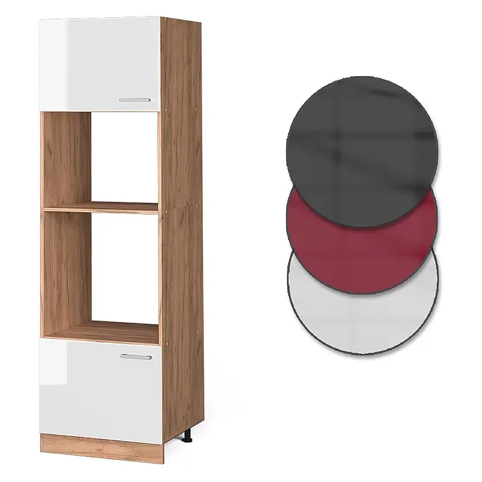 Vicco Schrankküche R-Line Weiß Hochglanz - Weiß Hochglanz, Mikrowellenschrank 60 cm - Hoher Schrank in Holzoptik mit weißen Hochglanztüren und offenen Regalen, gezeigt mit Farbmustern in Dunkelgrau, Rot und Weiß.