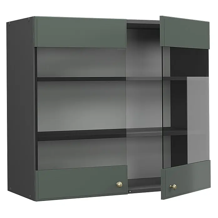 Vicco Schrankküche Fame-Line Grün-Gold Landhaus - Grün-Gold Landhaus, Hängeglasschrank 80 cm - Dunkelgrüner Wandschrank mit Glastüren, goldenen Knöpfen. Eine Tür offen, zeigt Fächer.