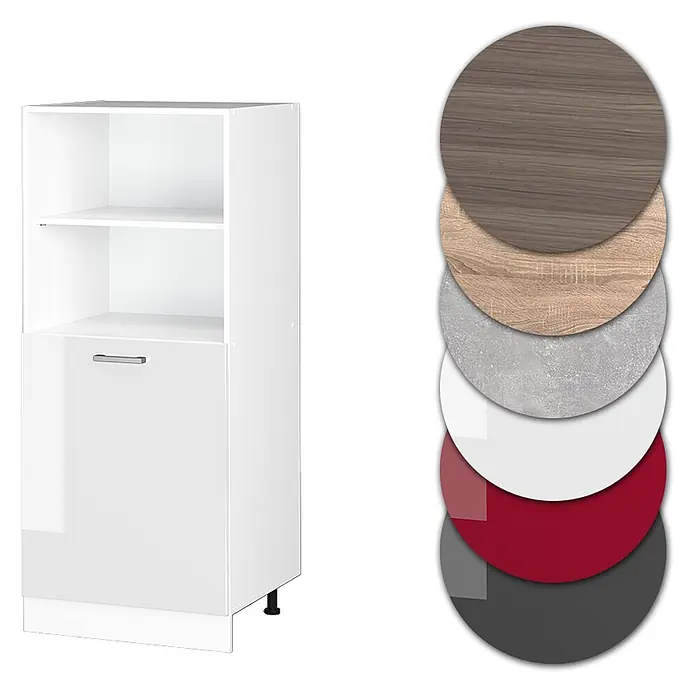 Vicco Schrankküche R-Line Weiß Hochglanz - Weiß Hochglanz, Backofenumbauschrank 60 cm (halb) - Weißer Lagerschrank mit offenen Regalen und Tür, daneben Material-/Farbproben.