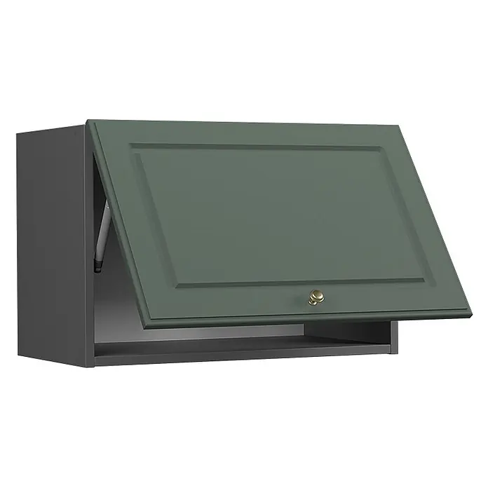 Vicco Schrankküche Fame-Line Grün-Gold Landhaus Flach - Grün-Gold Landhaus, Hängeschrank (flach) 60 cm - Dunkelgrüner Hängeschrank mit nach oben öffnender Tür, unterstützt von einem Gasdruckdämpfer, mit goldenem Knopf.