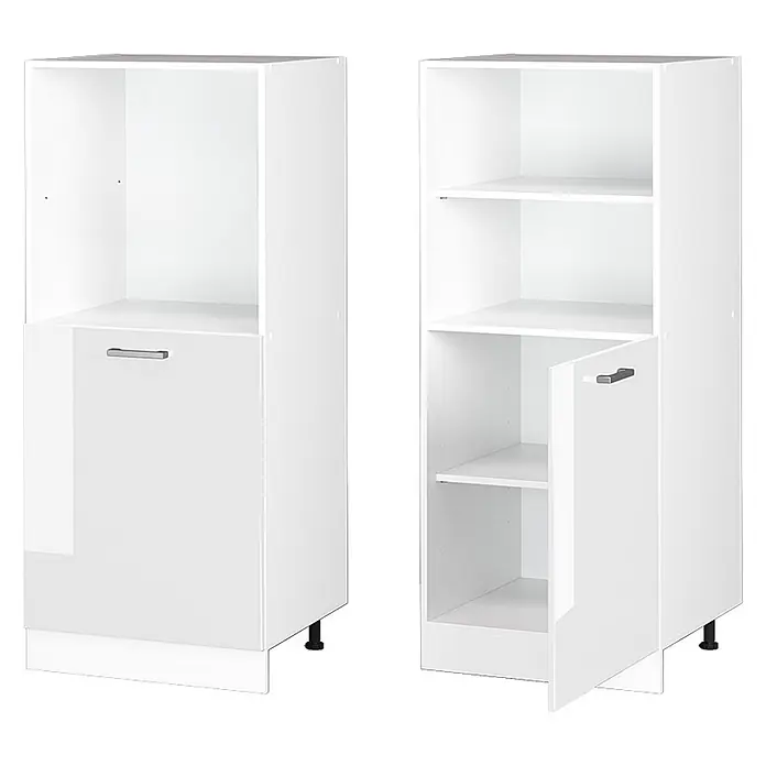 Vicco Schrankküche R-Line Weiß Hochglanz - Weiß Hochglanz, Backofenumbauschrank 60 cm (halb) - Zwei weiße Modulschränke: einer mit offenem Oberteil und geschlossenem Unterteil, der andere mit offenen Regalen und teils geöffneter unterer Tür.