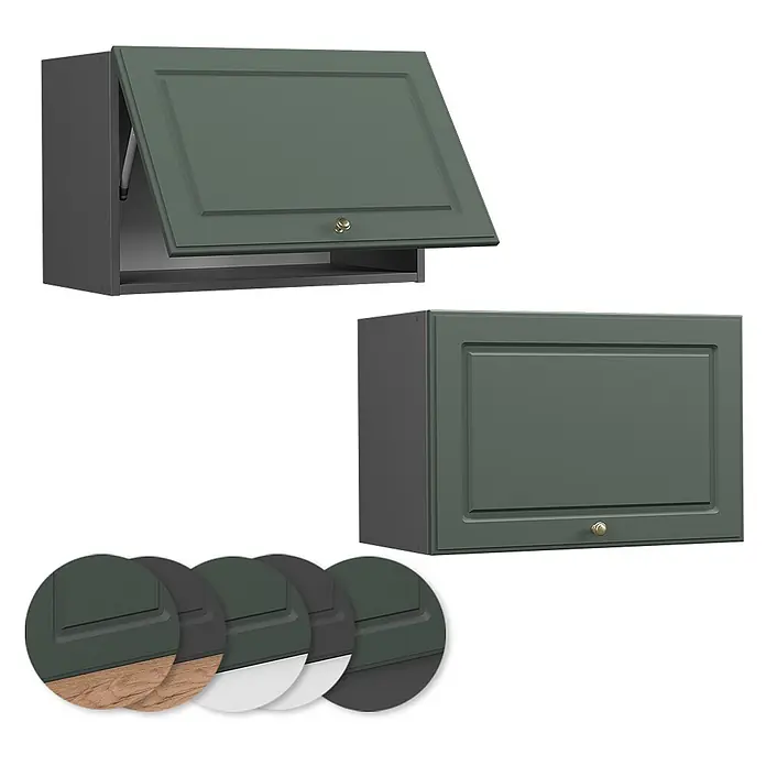 Vicco Schrankküche Fame-Line Grün-Gold Landhaus Flach - Grün-Gold Landhaus, Hängeschrank (flach) 60 cm - Dunkelgrüne Hängeschränke mit dunkelgrauem Korpus, einer offen mit Klapptür, einer geschlossen. Farbmuster gezeigt.