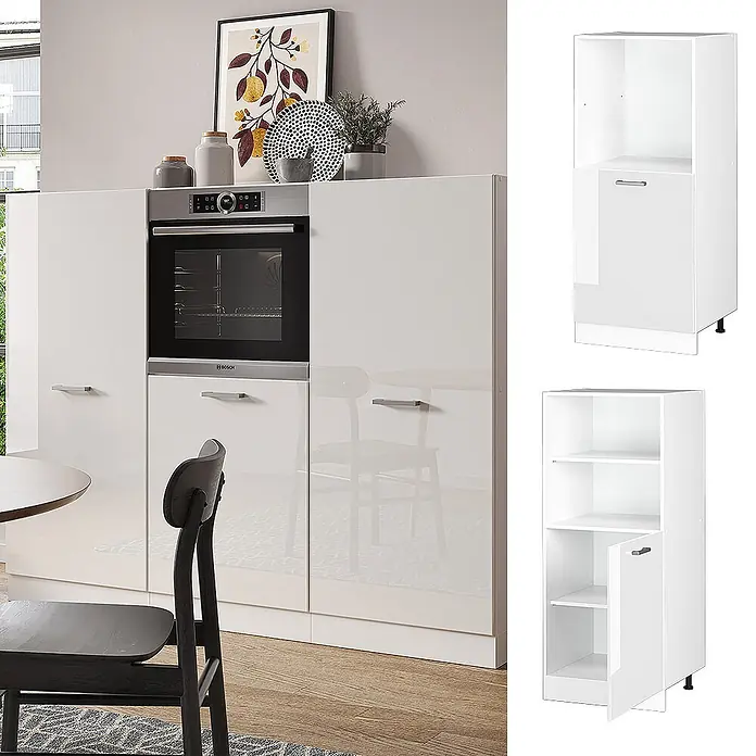 Vicco Schrankküche R-Line Weiß Hochglanz - Weiß Hochglanz, Backofenumbauschrank 60 cm (halb) - Moderne weiße Hochglanz-Küchenschränke, gezeigt als Hochschrank mit integriertem Backofen und als vielseitige Regalschränke.