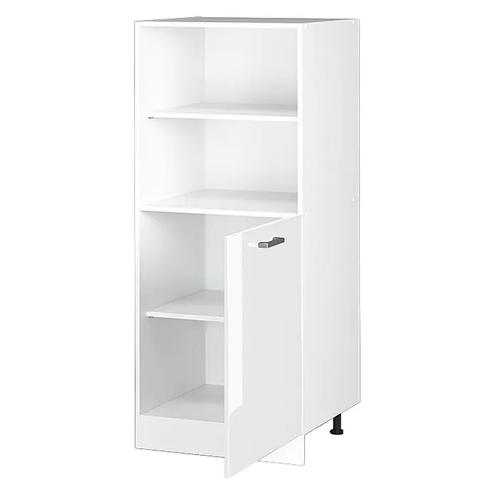 Vicco Schrankküche R-Line Weiß Hochglanz - Weiß Hochglanz, Backofenumbauschrank 60 cm (halb) - Weißer Hochschrank mit offenen Regalen und einem geschlossenen Fach mit Tür und Griff, auf verstellbaren Füßen.