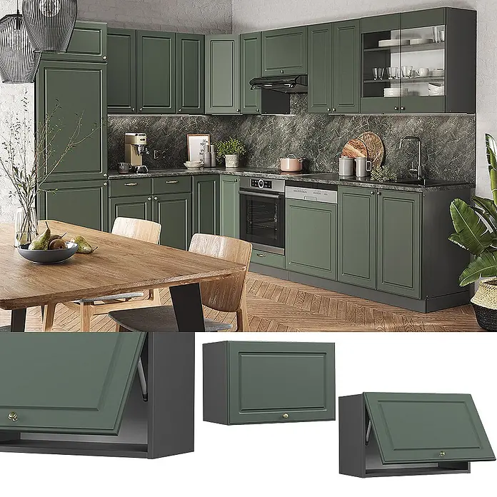 Vicco Schrankküche Fame-Line Grün-Gold Landhaus Flach - Grün-Gold Landhaus, Hängeschrank (flach) 60 cm - Modernes dunkelgrünes Küchenhängeschrank mit funktionellem Klapptürmechanismus.
