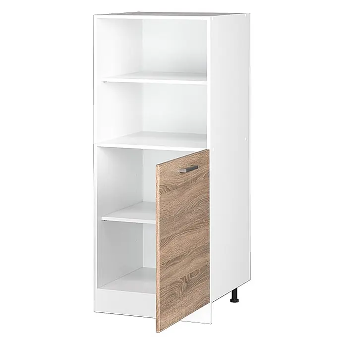Vicco Schrankküche R-Line Sonoma - Sonoma, Backofenumbauschrank 60 cm (halb) - Weißer Schrank mit offenen Fächern und einer teilweisen Tür in Holzoptik, auf verstellbaren Füßen.