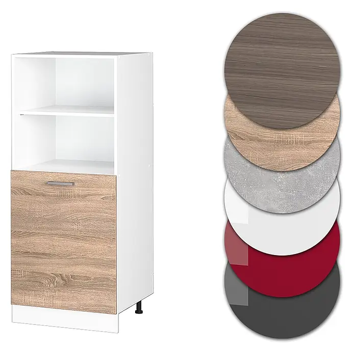 Vicco Schrankküche R-Line Sonoma - Sonoma, Backofenumbauschrank 60 cm (halb) - Weißer Schrank mit offenen Regalen und Eichenoptik-Tür. Anpassbar mit verschiedenen Materialmustern.