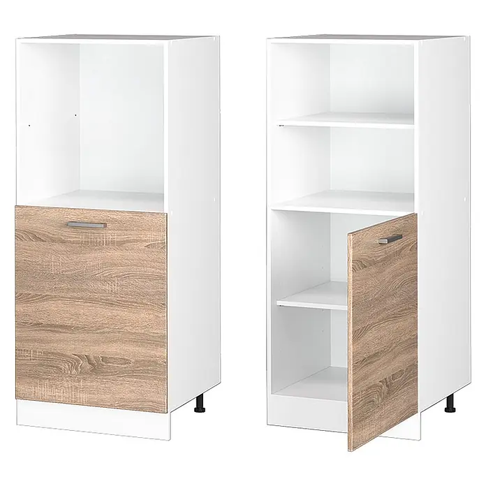 Vicco Schrankküche R-Line Sonoma - Sonoma, Backofenumbauschrank 60 cm (halb) - Zwei weiße Küchenschränke mit hellen Holzfronten; einer mit offenem Oberteil und Schublade, der andere mit offenen Regalen und geöffneter Tür.