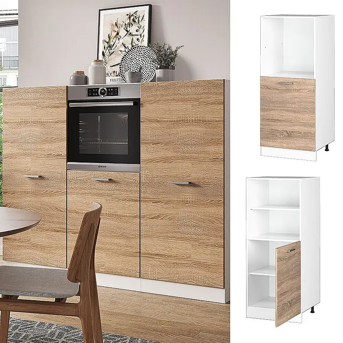 Vicco Schrankküche R-Line Sonoma - Sonoma, Backofenumbauschrank 60 cm (halb) - Moderner Küchenschrank mit hellen Holzmaserungstüren und weißem Rahmen, inklusive integriertem Backofen.