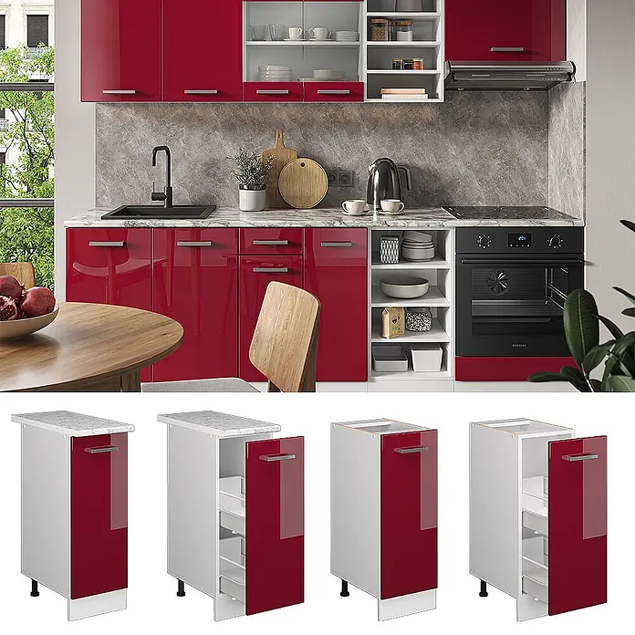 Vicco Schrankküche R-Line Rot Hochglanz, AP Eiche - Rot Hochglanz, Apothekerunterschrank 30 cm, AP Eiche - Rote Hochglanz-Küchenschränke und modulare Einheiten mit weißen Korpen, teils mit Auszugsfächern, in einer modernen Küche präsentiert.