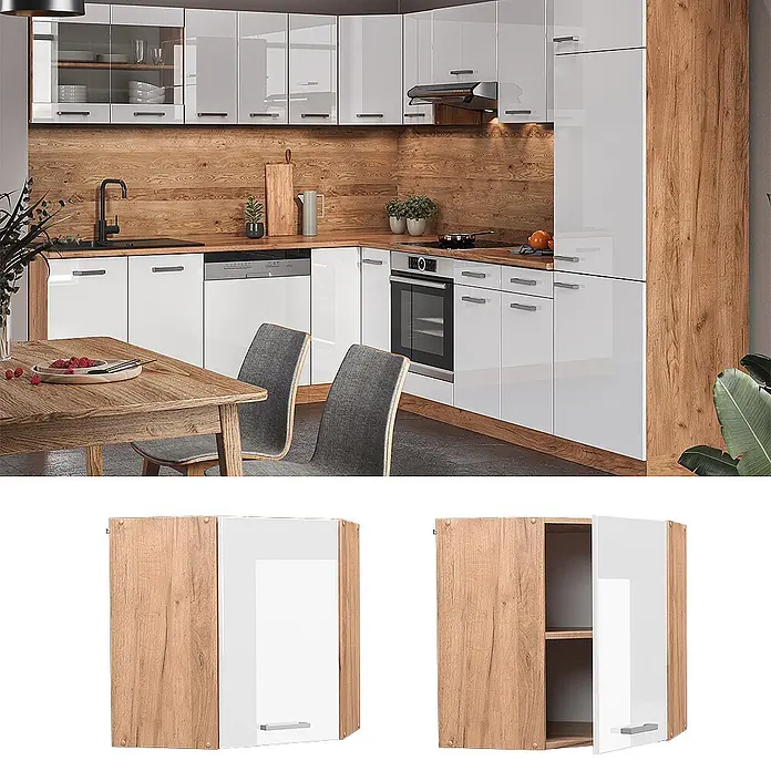 Vicco Schrankküche R-Line Weiß Hochglanz - Weiß Hochglanz, Eckhängeschrank 57 cm - Ein Hängeschrank mit einer glänzend weißen und einer Eiche-Effekt Tür, einem Eiche-Effekt Rahmen, geschlossen und offen gezeigt.