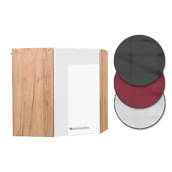 Vicco Schrankküche R-Line Weiß Hochglanz - Weiß Hochglanz, Eckhängeschrank 57 cm - Hängeschrank mit hellem Holzdekorrahmen und weißer Hochglanztür, in mehreren Farben erhältlich.