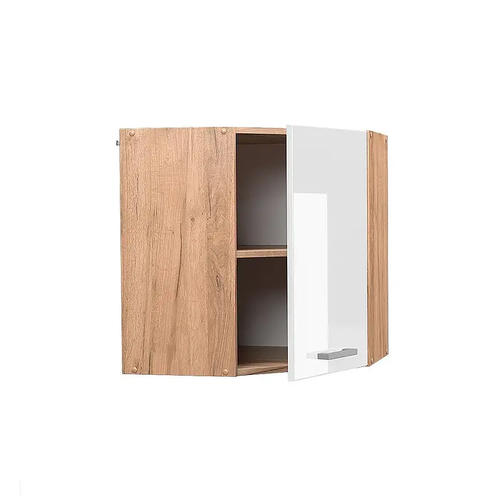 Vicco Schrankküche R-Line Weiß Hochglanz - Weiß Hochglanz, Eckhängeschrank 57 cm - Zweifarbiger Wandschrank mit heller Holzoptik und weißer Hochglanztür, mit Innenablagen.