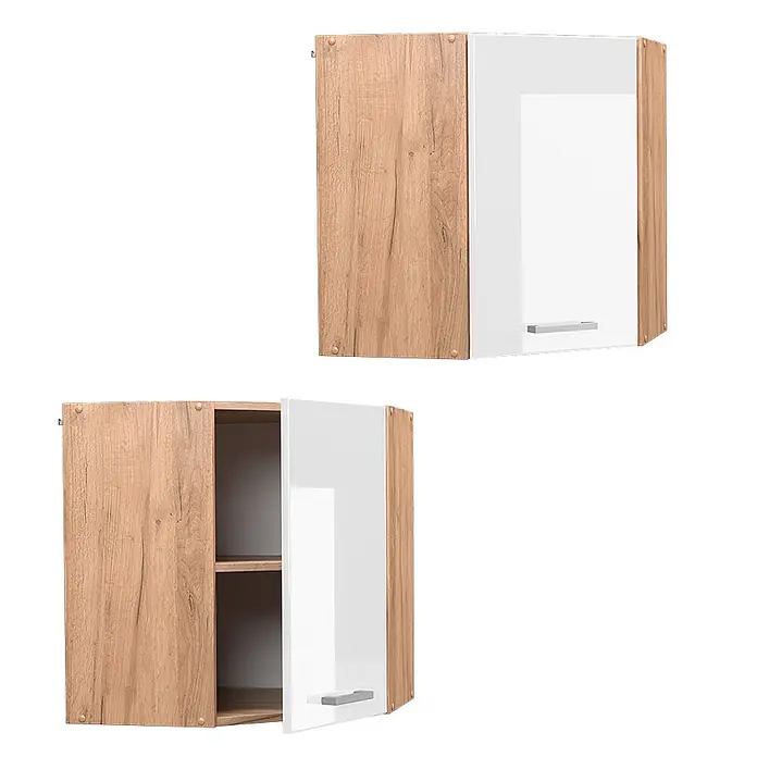 Vicco Schrankküche R-Line Weiß Hochglanz - Weiß Hochglanz, Eckhängeschrank 57 cm - Eck-Hängeschrank in heller Holzoptik mit weißer Hochglanztür, geschlossen und geöffnet mit zwei Einlegeböden dargestellt.