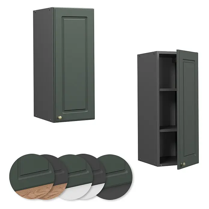 Vicco Schrankküche Fame-Line Grün-Gold Landhaus - Grün-Gold Landhaus, Hängeschrank 30 cm - Dunkelgrüner Hängeschrank, geschlossen und offen mit Regalböden gezeigt. Farbmuster zeigen verfügbare Oberflächen wie Holz, Grau und Weiß.
