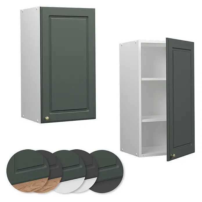 Vicco Schrankküche Fame-Line Grün-Gold Landhaus - Grün-Gold Landhaus, Hängeschrank 40 cm - Dunkelgrüner Küchenoberschrank, einer geschlossen und einer offen mit weißem Innenraum und Regalen. Mit goldenen Knöpfen und verschiedenen Farboptionen.