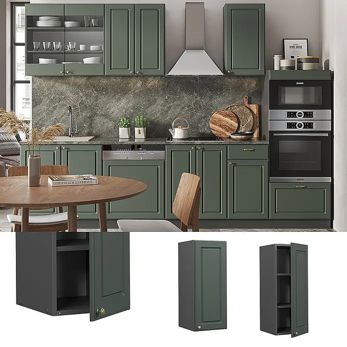 Vicco Schrankküche Fame-Line Grün-Gold Landhaus - Grün-Gold Landhaus, Hängeschrank 30 cm - Grüner Küchenschrank mit Türen und Regalen, für vielseitige Küchenaufbewahrung.