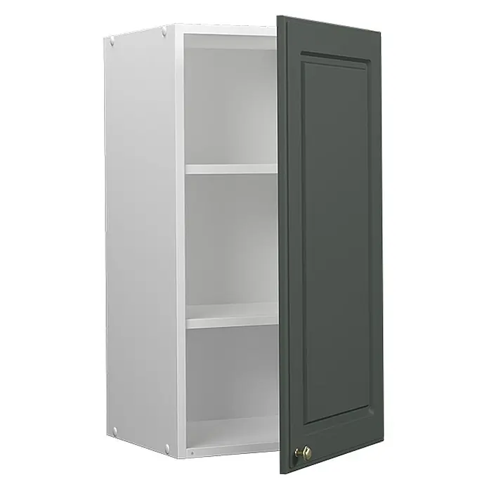 Vicco Schrankküche Fame-Line Grün-Gold Landhaus - Grün-Gold Landhaus, Hängeschrank 40 cm - Weißer Wandschrank mit offener dunkelgrauer Tür und Messingknauf, der zwei Innenregale zeigt.