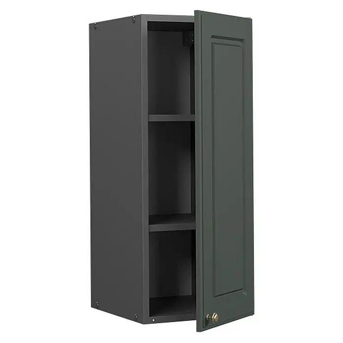 Vicco Schrankküche Fame-Line Grün-Gold Landhaus - Grün-Gold Landhaus, Hängeschrank 30 cm - Dunkelgrauer Wandschrank mit teilweise geöffneter dunkelgrüner Kassettentür und goldenem Knauf, zeigt zwei Einlegeböden.