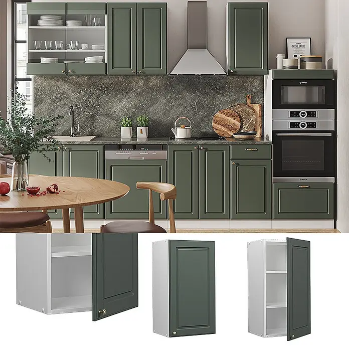 Vicco Schrankküche Fame-Line Grün-Gold Landhaus - Grün-Gold Landhaus, Hängeschrank 40 cm - Dunkelgrüne Schrankfronten im Shaker-Stil mit Messinggriffen.