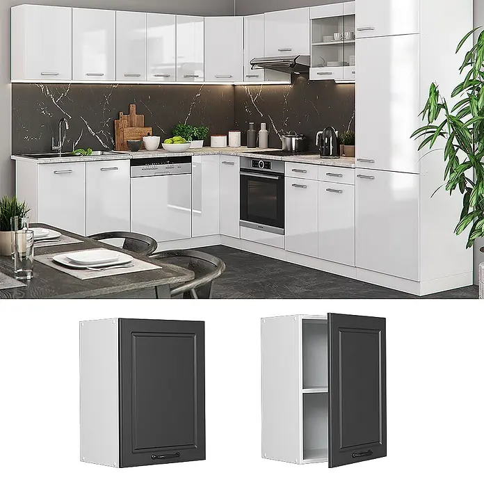 Vicco Schrankküche R-Line Anthrazit Landhaus - Anthrazit Landhaus, Hängeschrank 45 cm - Moderne hochglanzweiße Küchenschränke mit integrierten Geräten. Zeigt auch einen dunkelgrauen Hängeschrank, offen und geschlossen.