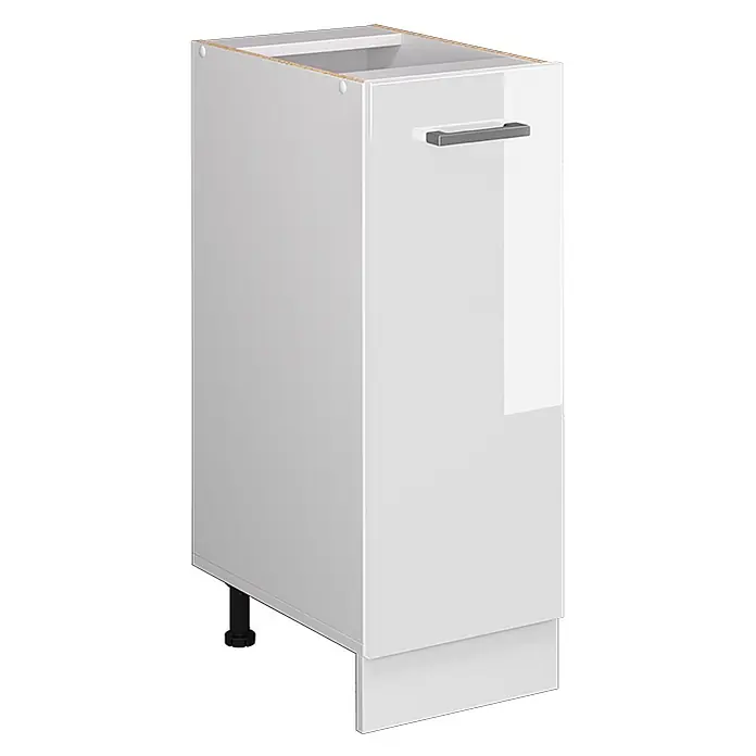 Vicco Schrankküche R-Line Weiß Hochglanz ohne Arbeitsplatte - Weiß Hochglanz, Apothekerunterschrank 30 cm - Weißer Hochglanz-Küchenunterschrank mit einer Tür, dunklem Griff und Sockel.