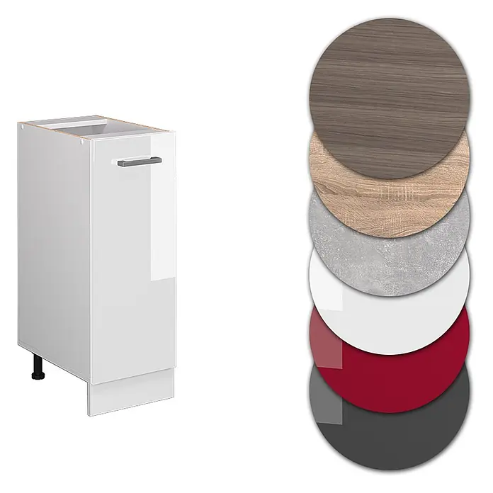Vicco Schrankküche R-Line Weiß Hochglanz ohne Arbeitsplatte - Weiß Hochglanz, Apothekerunterschrank 30 cm - Weißer Küchenunterschrank mit Griff und einer Auswahl von sechs anpassbaren Oberflächen wie Holz, Beton und Unifarben.
