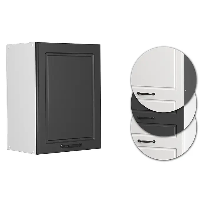 Vicco Schrankküche R-Line Anthrazit Landhaus - Anthrazit Landhaus, Hängeschrank 45 cm - Dunkelgraue Küchenschranktür mit weißer Seitenwand und schwarzem Griff. Einsatz zeigt weiße und graue Schrankvarianten.