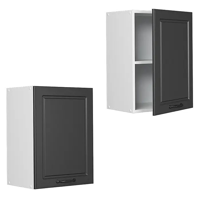 Vicco Schrankküche R-Line Anthrazit Landhaus - Anthrazit Landhaus, Hängeschrank 45 cm - Zwei weiße Küchenoberschränke mit dunkelgrauen Kassettentüren und Griffen. Einer ist geschlossen, der andere offen mit zwei Einlegeböden.