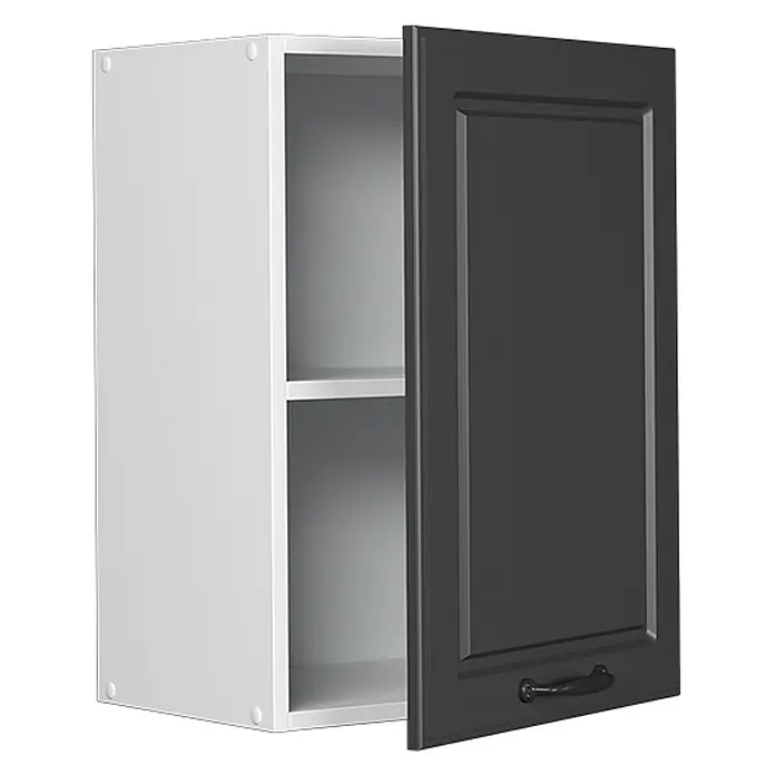 Vicco Schrankküche R-Line Anthrazit Landhaus - Anthrazit Landhaus, Hängeschrank 45 cm - Offener weißer Hängeschrank mit dunkelgrauer Rahmentür und schwarzem Griff, zwei Einlegeböden innen.