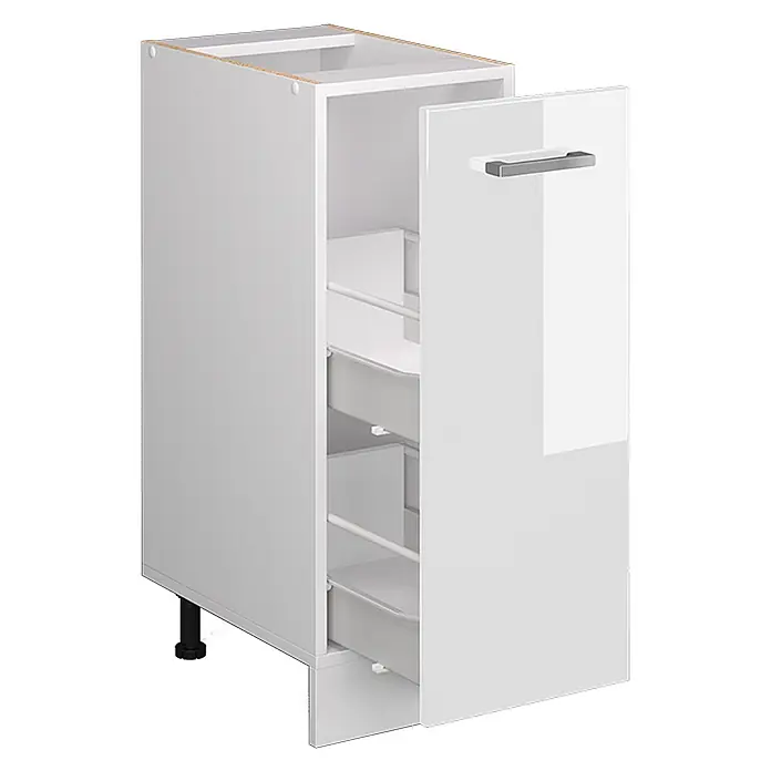 Vicco Schrankküche R-Line Weiß Hochglanz ohne Arbeitsplatte - Weiß Hochglanz, Apothekerunterschrank 30 cm - Weißer Küchenunterschrank mit glänzender Tür, geöffnet, um mehrere ausziehbare Ablagekörbe im Inneren zu zeigen.