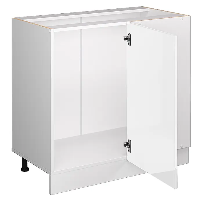Vicco Schrankküche R-Line Weiß Hochglanz ohne Arbeitsplatte - Weiß Hochglanz, Eckunterschrank 86 cm - Weißer Küchenunterschrank mit einer geöffneten Tür, der den Innenraum zeigt.