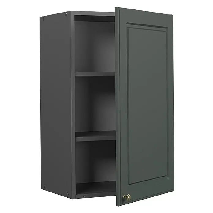 Vicco Schrankküche Fame-Line Grün-Gold Landhaus - Grün-Gold Landhaus, Hängeschrank 45 cm - Dunkelgrüner Hängeschrank mit klassischer Paneeltür, Messingknauf und Innenregalen, die Tür ist leicht geöffnet.