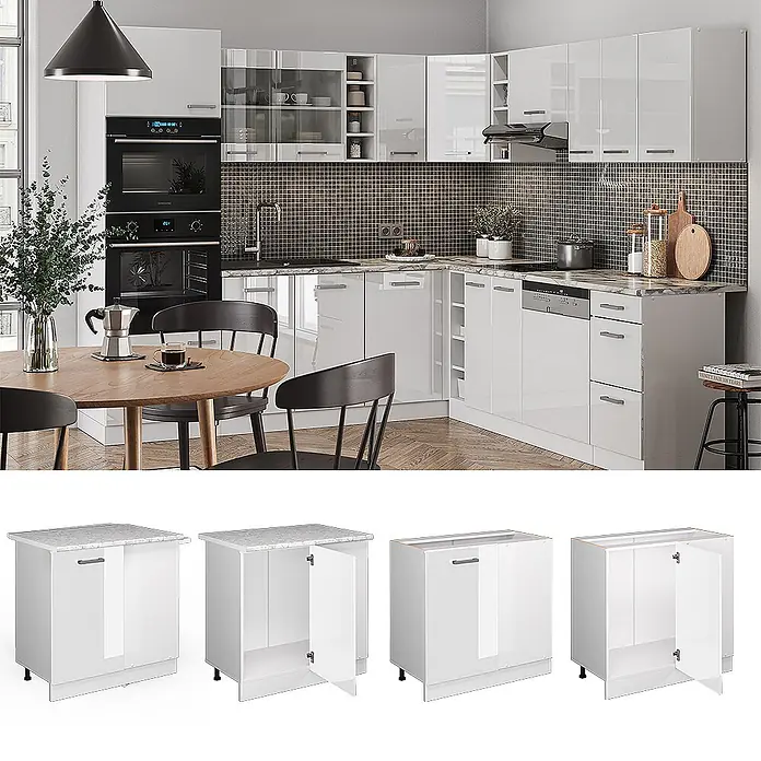 Vicco Schrankküche R-Line Weiß Hochglanz ohne Arbeitsplatte - Weiß Hochglanz, Eckunterschrank 86 cm - Moderne weiße Hochglanzküche in Eckanordnung mit Marmoroptik-Arbeitsplatten, zusammen mit einzelnen Unterschränken.