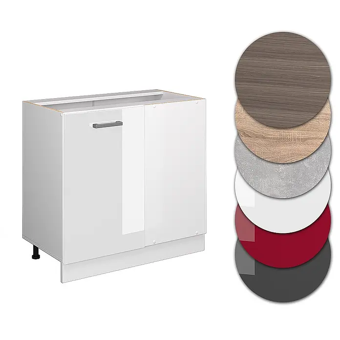Vicco Schrankküche R-Line Weiß Hochglanz ohne Arbeitsplatte - Weiß Hochglanz, Eckunterschrank 86 cm - Weißer Küchenunterschrank mit Griff, daneben kreisförmige Materialmuster in Holz-, Stein- und Unifarben.