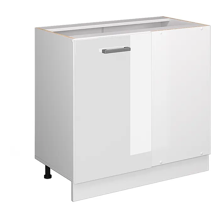 Vicco Schrankküche R-Line Weiß Hochglanz ohne Arbeitsplatte - Weiß Hochglanz, Eckunterschrank 86 cm - Weißer Küchenunterschrank mit zwei Türen, silbernem Griff, Sockelleiste und verstellbaren Füßen.