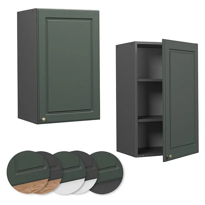 Vicco Schrankküche Fame-Line Grün-Gold Landhaus - Grün-Gold Landhaus, Hängeschrank 45 cm - Dunkelgrüner Küchenwandschrank, einer geschlossen und einer offen mit Regalböden. Paneeltür mit goldenem Knopf.