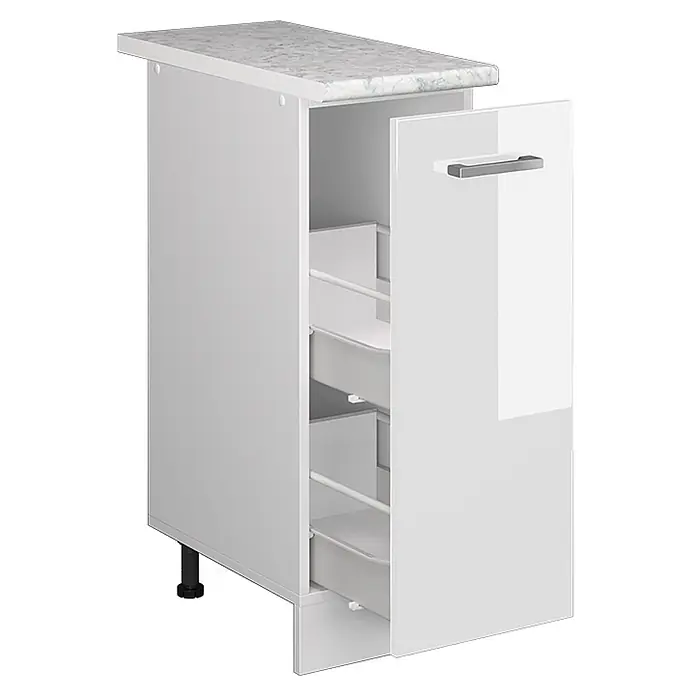 Vicco Schrankküche R-Line Weiß Hochglanz, AP Marmor - Weiß Hochglanz, Apothekerunterschrank 30 cm - Weißer schmaler Küchenauszugschrank mit Marmoroptik-Arbeitsplatte, internen Körben und silbernem Griff. Mit verstellbarem Fuß.