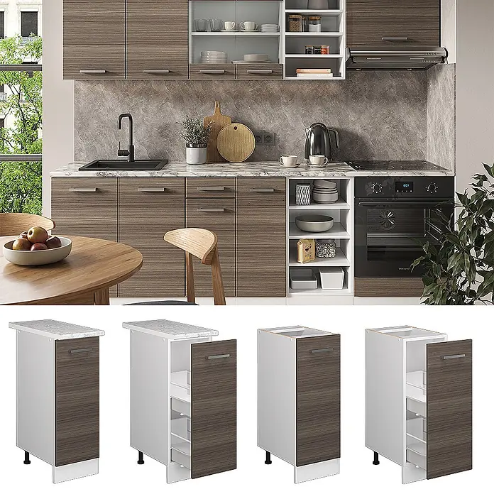 Vicco Schrankküche R-Line Edelgrau, AP Eiche - Edelgrau, Apothekerunterschrank 30 cm, AP Eiche - Moderne Küche mit Unterschränken in dunkler Holzoptik und Weiß, inklusive schmaler ausziehbarer Aufbewahrungseinheit.