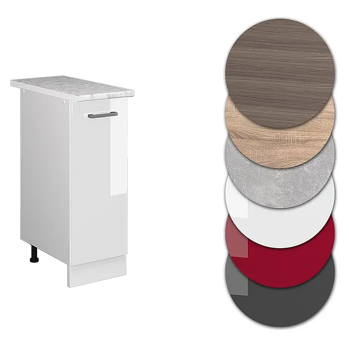Vicco Schrankküche R-Line Weiß Hochglanz, AP Marmor - Weiß Hochglanz, Apothekerunterschrank 30 cm - Weißer Hochglanz-Küchenunterschrank mit Marmoroptik-Arbeitsplatte und Materialmustern.