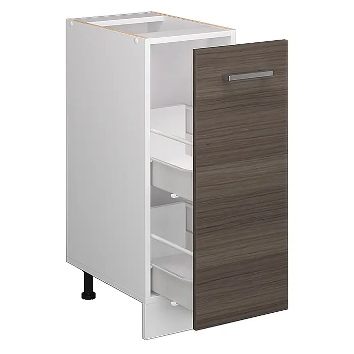 Vicco Schrankküche R-Line Edelgrau, AP Eiche - Edelgrau, Apothekerunterschrank 30 cm, AP Eiche - Weißer Küchenunterschrank mit dunkelbrauner Holzmaserungstür und internen Auszugskörben.