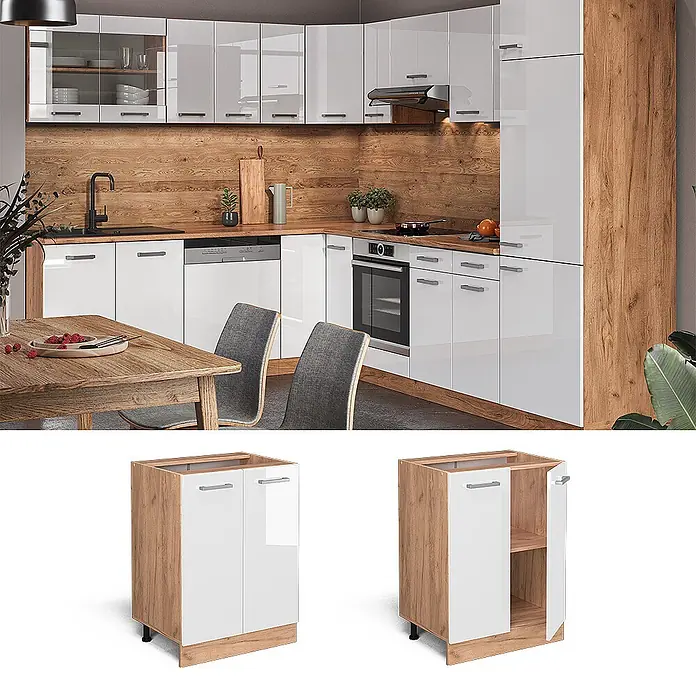 Vicco Schrankküche R-Line Weiß Hochglanz, AP Eiche - Weiß Hochglanz, Unterschrank 60 cm, AP Eiche - Moderne Küche mit hochglänzenden weißen Schränken, Holzoptik-Rahmen, dunklen Griffen und integrierten Geräten. Zeigt auch einen Unterschrank.