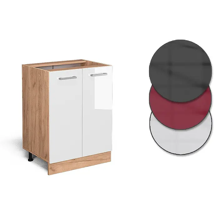Vicco Schrankküche R-Line Weiß Hochglanz AP Marmor - Weiß Hochglanz, Unterschrank 60 cm, AP Marmor - Zweitüriger Unterschrank mit glänzend weißen Türen und hellem Holzdekorrahmen. Farbmuster für Türen in Dunkelgrau, Bordeauxrot und Weiß.