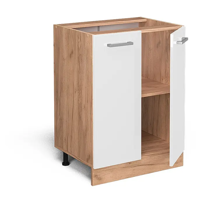 Vicco Schrankküche R-Line Weiß Hochglanz, AP Eiche - Weiß Hochglanz, Unterschrank 60 cm, AP Eiche - Holz-Unterschrank mit weißen Türen und silbernen Griffen. Eine Tür ist offen und zeigt ein Innenregal.