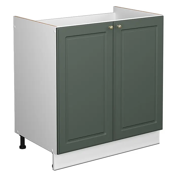 Vicco Schrankküche Fame-Line Grün-Gold Landhaus ohne Arbeitsplatte - Grün-Gold Landhaus, Spülenunterschrank 80 cm - Dunkelgrüner Unterschrank mit zwei Türen, goldfarbenen Knöpfen, weißem Korpus und Sockelleiste. Sichtbare schwarze Stellfüße.