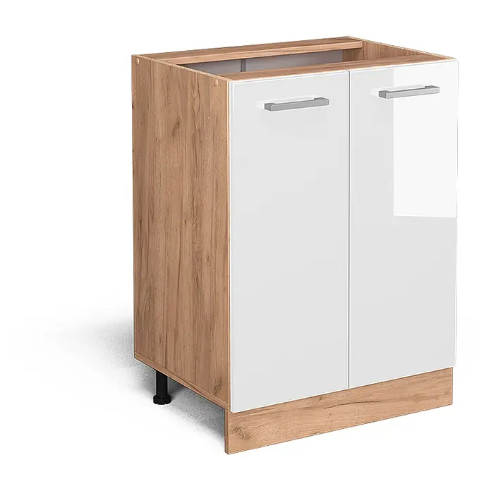 Vicco Schrankküche R-Line Weiß Hochglanz ohne Arbeitsplatte - Weiß Hochglanz, Unterschrank 60 cm - Hölzerner Unterschrank mit zwei weißen Hochglanztüren, silbernen Griffen und Sockel in Eichenoptik.